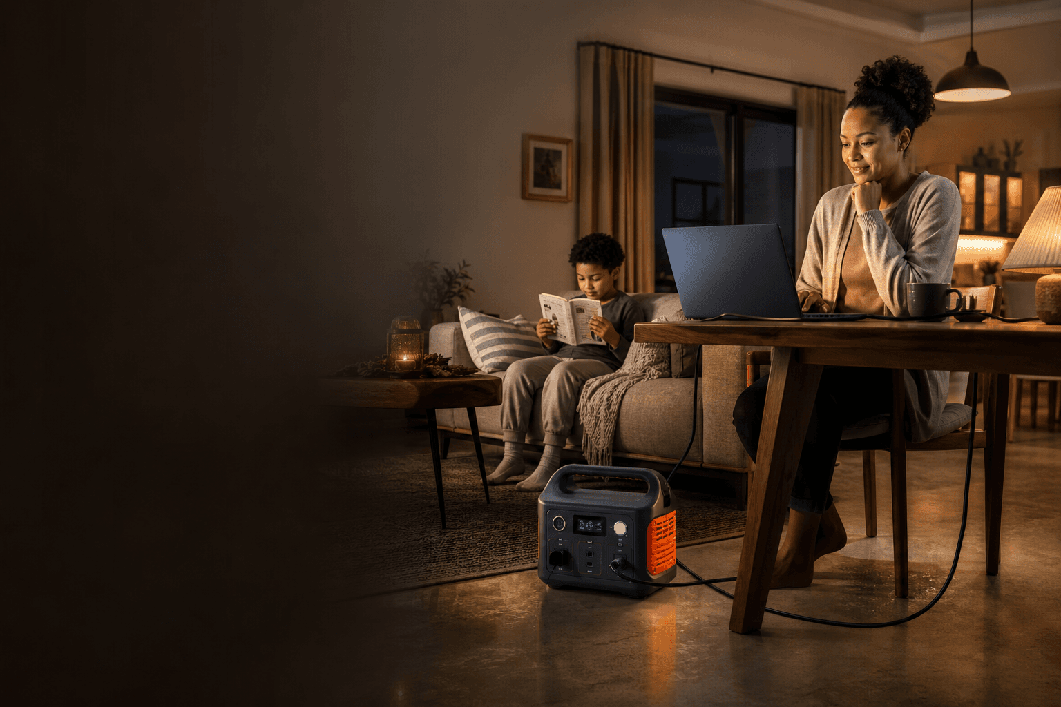 Family using laptop and reading while a portable power station keeps the home running