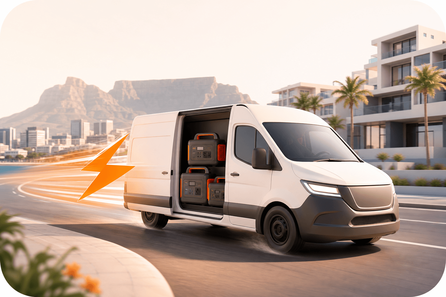 Fast courier van carrying Jackery power stations through Cape Town