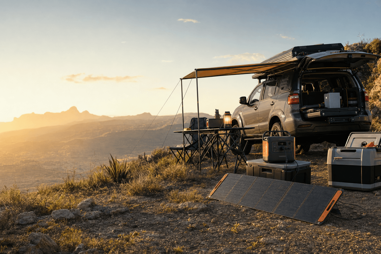 Portable power station and foldable solar panel powering an overlanding campsite